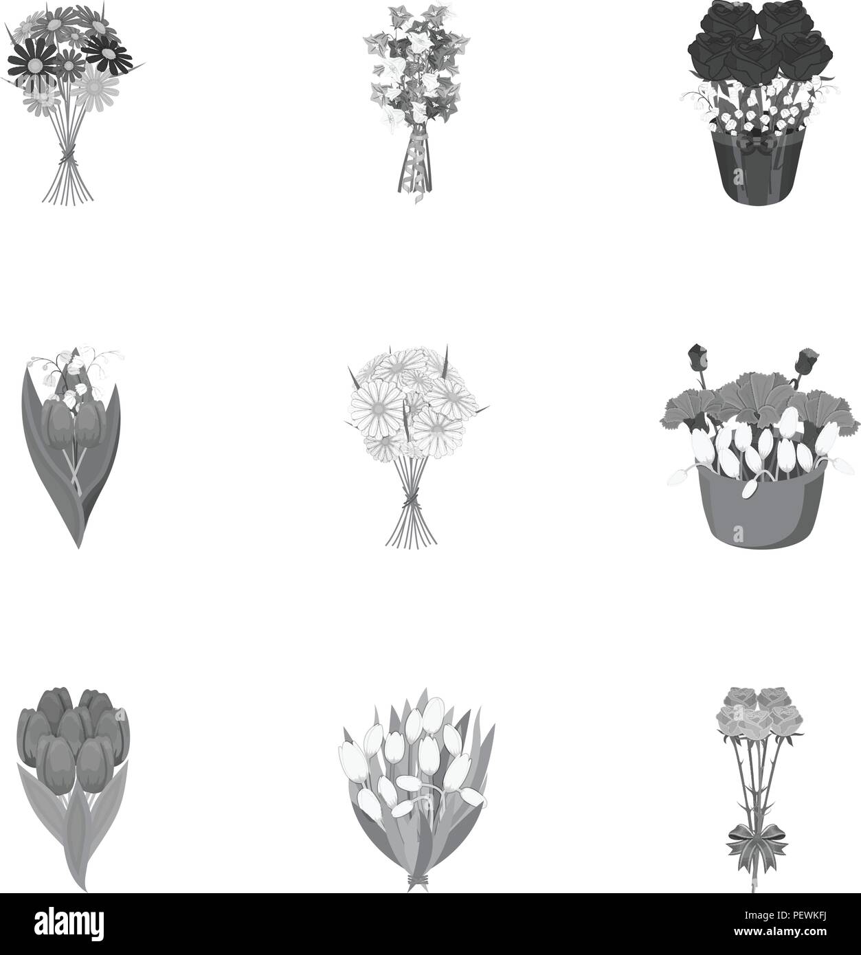 A bouquet of fresh flowers monochrome icons in set collection for ...
