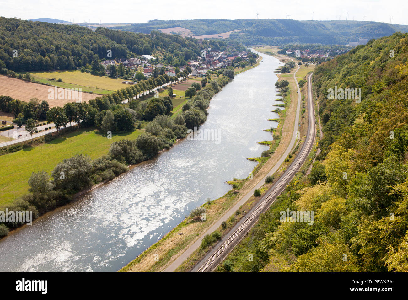 View from the Skywalk on River Weser, Beverungen, Weser Uplands, North Rhine-Westphalia, Germany, Europe Stock Photo