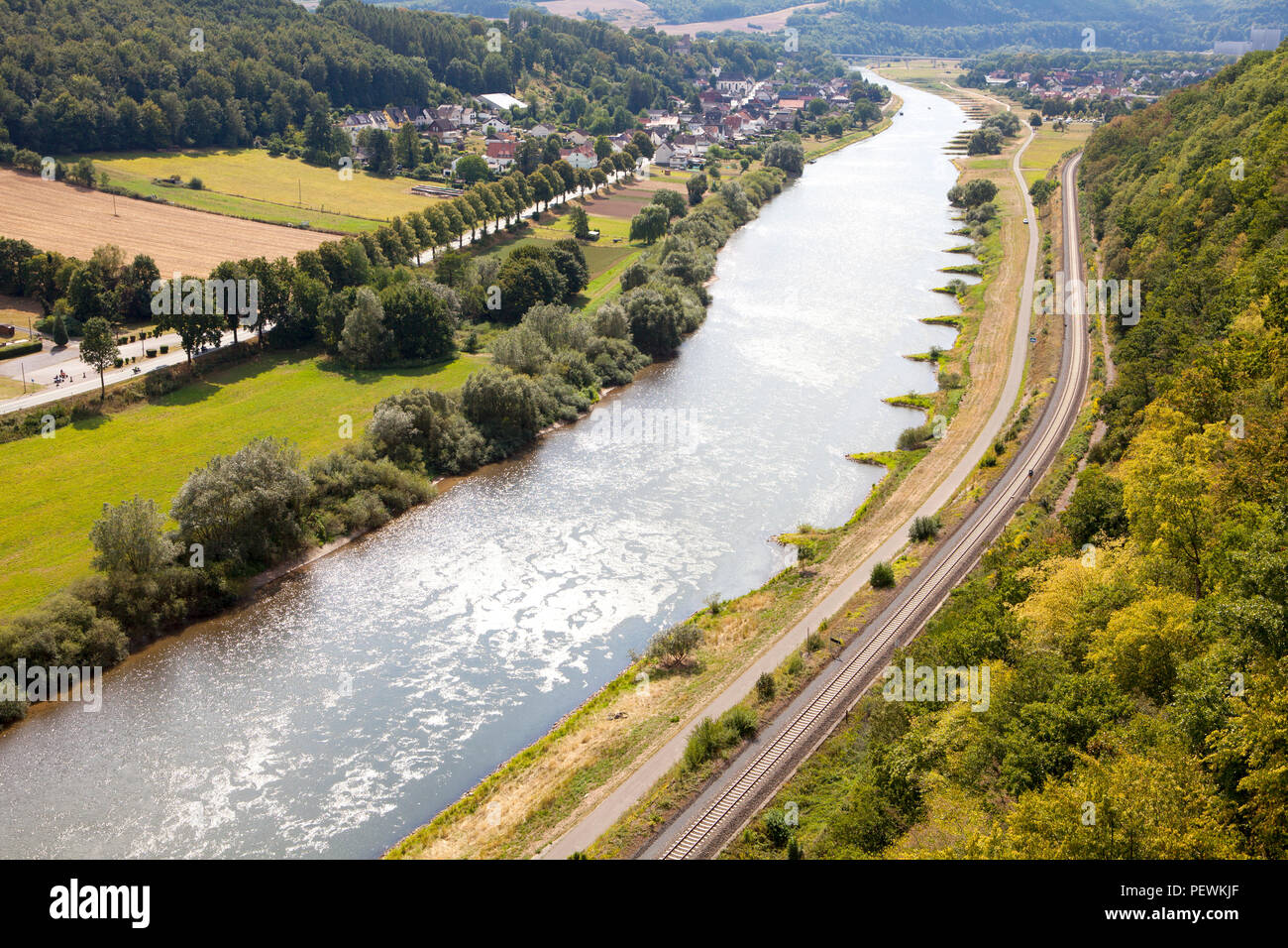 View from the Skywalk on River Weser, Beverungen, Weser Uplands, North Rhine-Westphalia, Germany, Europe Stock Photo