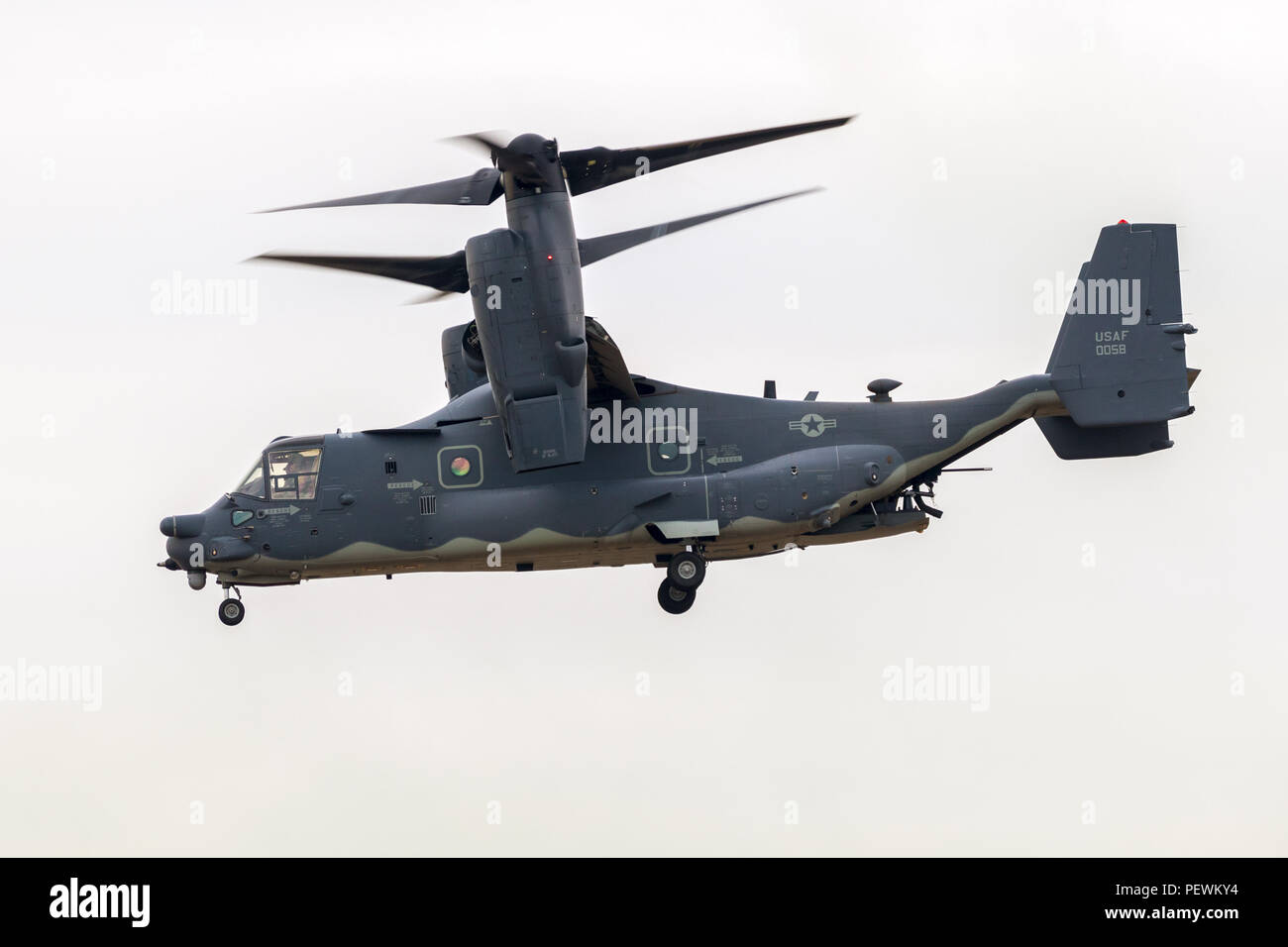 FAIRFORD, UK - JUL 13, 2018: US Air Force CV-22B Osprey aircraft of the 7th SOS in flight over RAF Fairford airbase. Stock Photo