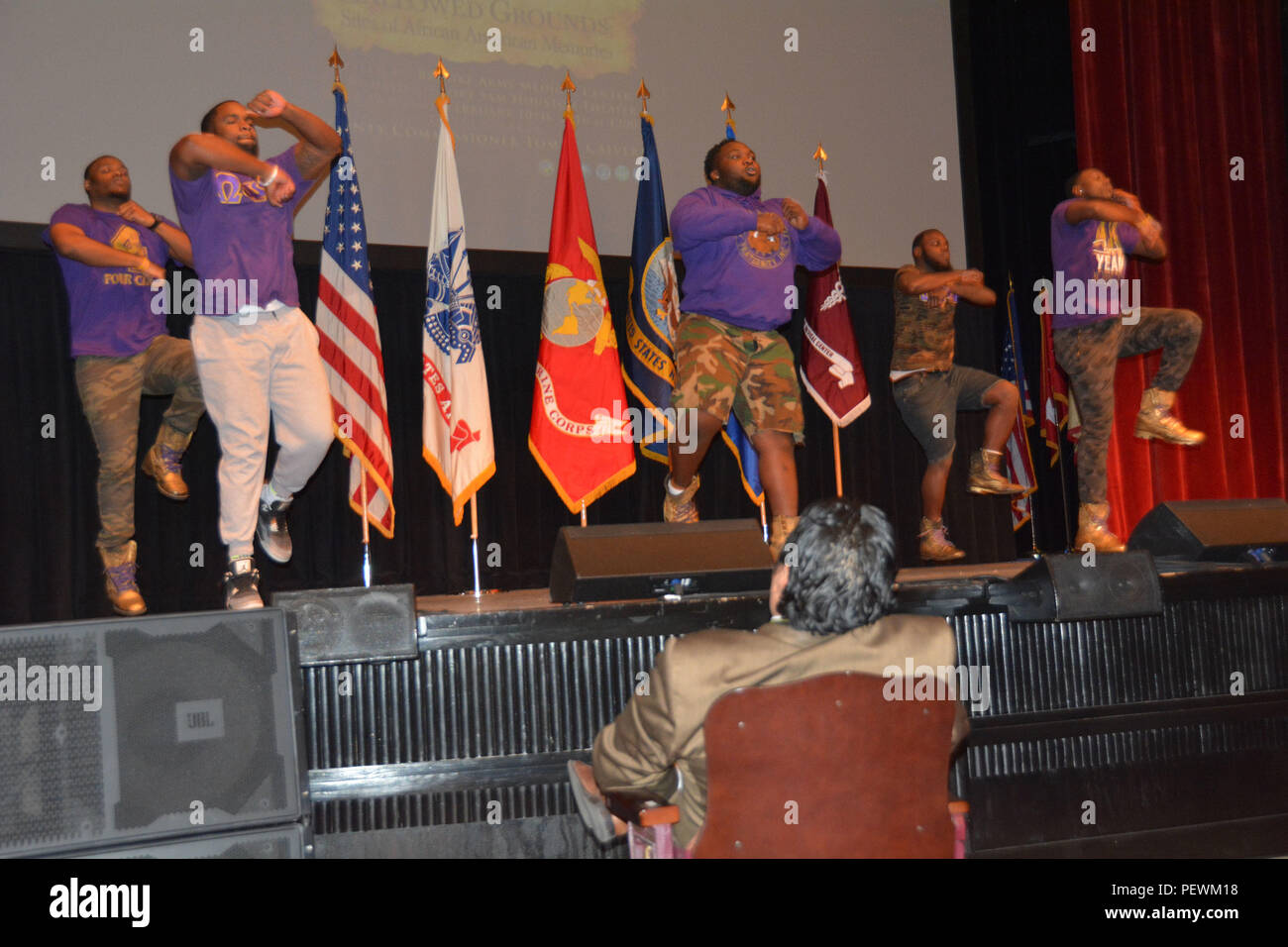 Members of the Omega Psi Phi Chapter, Antonio Alpha Delta Lamba from the University of Texas San also perform during the Joint Base San Antonio-Fort Sam Houston Black History Month commemoration Feb. 10 at the Fort Sam Houston Theater. (U.S. Army photo by Lori Newman/Released) Stock Photo