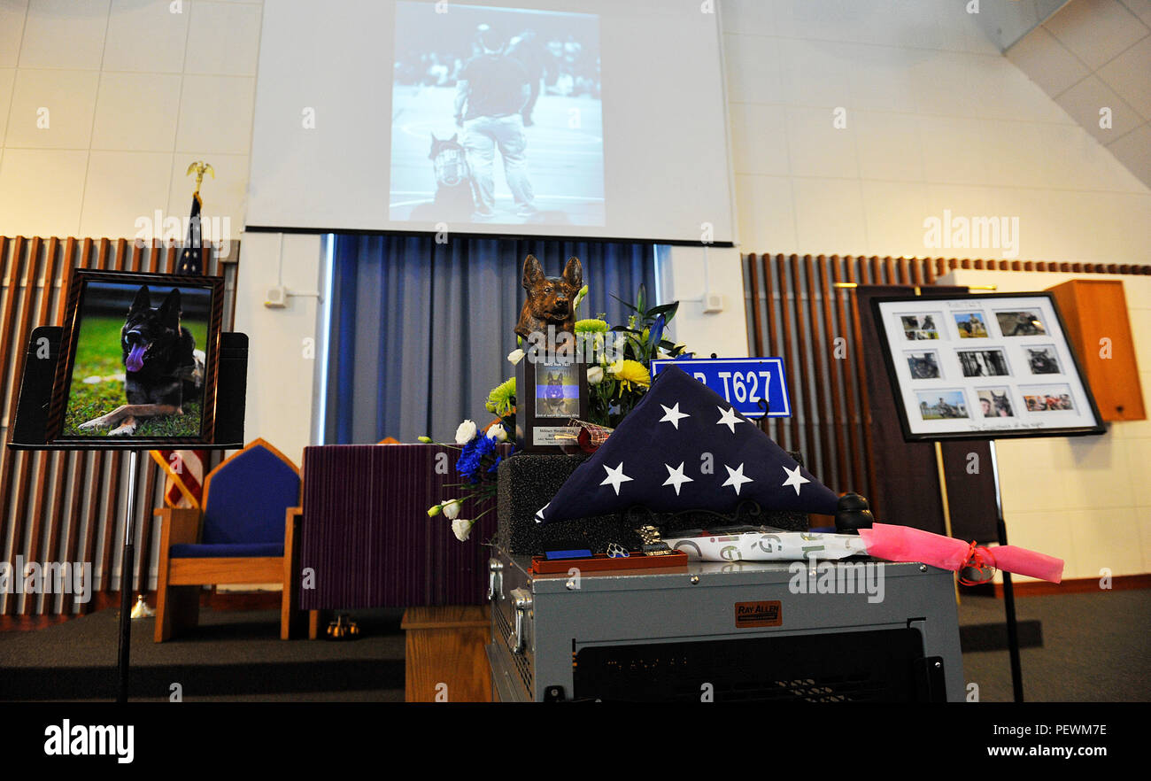 Deceased military working dog Rob's wooden figure, badge, pictures and name plate are displayed at Chapel 1, Feb. 10, 2016, at Kadena Air Base, Japan. Rob was assigned to the 18th Security Forces Squadron. Rob, who served for more than three years with the U.S. Air Force as a patrol explosive detection dog, passed away Jan. 7, 2016. (U.S. Air Force photo by Naoto Anazawa) Stock Photo