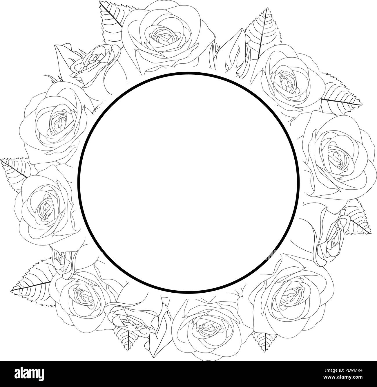 Rose Flower Banner Wreath Outline Isolated On White Background
