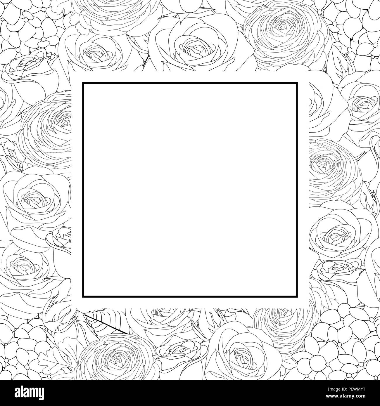 Rose, Hydrangea and Ranunculus Outline Banner Card. Vector Illustration. Stock Vector