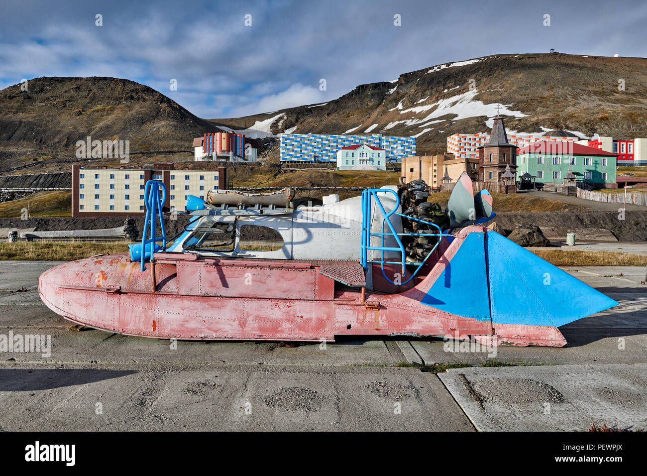 remains of strange flying boat in russian mining town Barentsburg, Svalbard or Spitsbergen, Europe Stock Photo