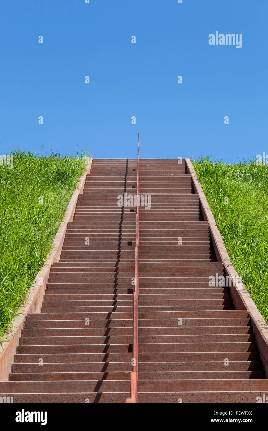 Stairs climbing up Monks Mound at Cahokia Mounds State Park. Stock Photo