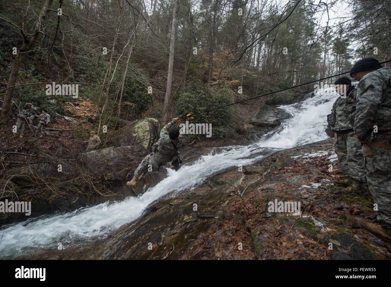 A U.S. Army Soldier assigned to 5th Ranger Training Battalion crosses a