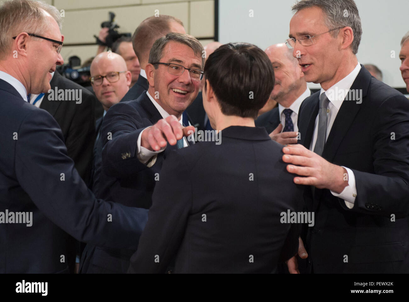 Secretary of Defense Ash Carter greets Norwegian Minister of Defense Ine Marie Eriksen Søreide as he arrives at the North Atlantic Council meeting at NATO headquarters in Brussels, Belgium, Feb. 10, 2016. (Photo by Senior Master Sgt. Adrian Cadiz)(Released) Stock Photo