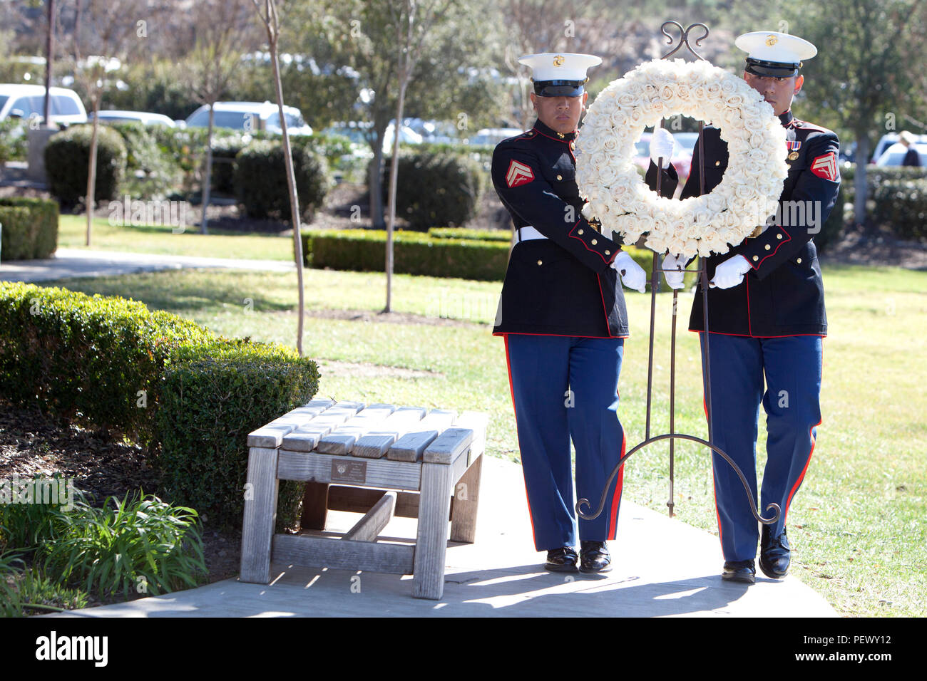 U.S. Marines with Headquarters and Support Battalion, Marine Corps Base Camp Pendleton present the wreath at the President Ronald Reagan wreath laying ceremony, at the Ronald Reagan Presidential Foundation and Library, Simi Valley, Calif., Feb. 6, 2016. The purpose of this ceremony is to honor the 105th Anniversary of his birth and pay tribute to his distinguished service to a grateful nation. (U.S. Marine Corps photo by Cpl. Brian Bekkala/MCIWEST-MCB CamPen Combat Camera/Released) Stock Photo