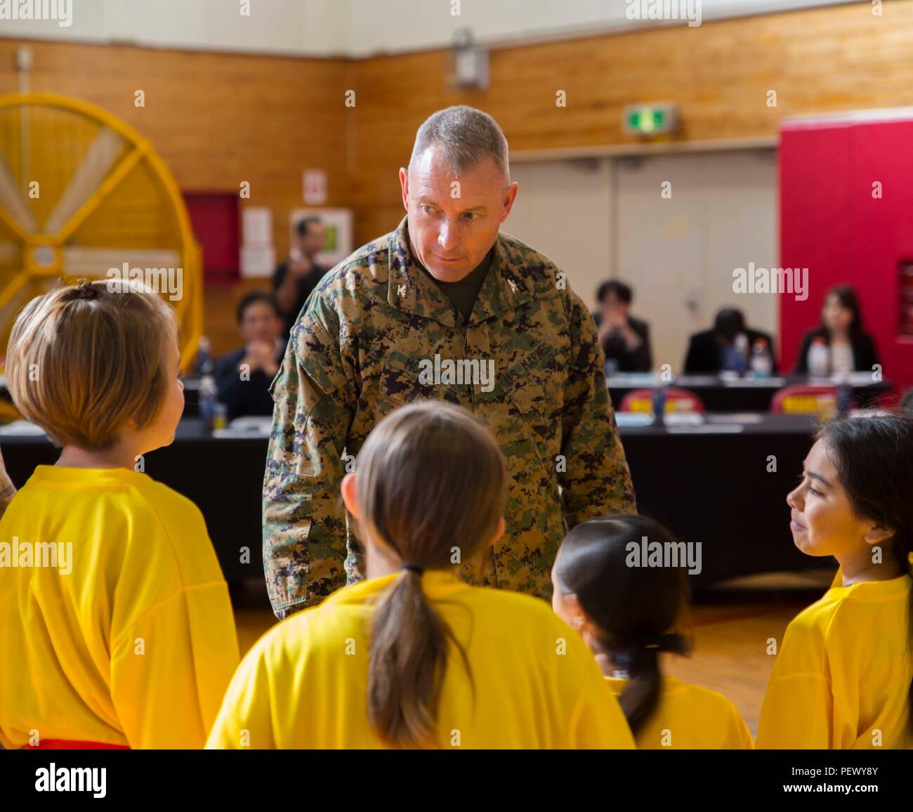 Col Sean M Mcbride Speaks To 5th Graders From Bechtel Elementary School On Camp Mctureous During Sports Day At Camp Hansen Okinawa Japan Feb 11 16 The Event Brought Children From Ginoza