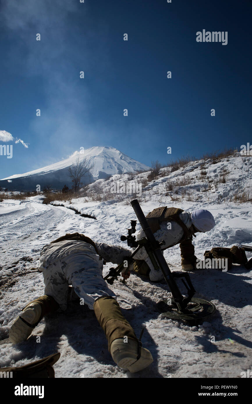 U.S. Marine Corps Lance Cpl. Tyler Hernandez, left, assistant gunner, and Lance Cpl. Saul Santos, gunner, 1st Battalion, 3rd Marine Regiment (1/3), launch 60mm mortars during Fuji Viper 16-3 on Camp Fuji, Fuji, Japan, Feb. 10, 2016. The Marines of 1/3 conducted live-fire training to sustain their proficiency in combat operations. Fuji Viper 16-3 is a training exercise where Marines and Sailors conduct live fire and non-live fire combined arms training in order to sustain combat proficiency to support contingency operations in the U.S. Pacific Command area of operations. . (U.S. Marine Corps Ph Stock Photo
