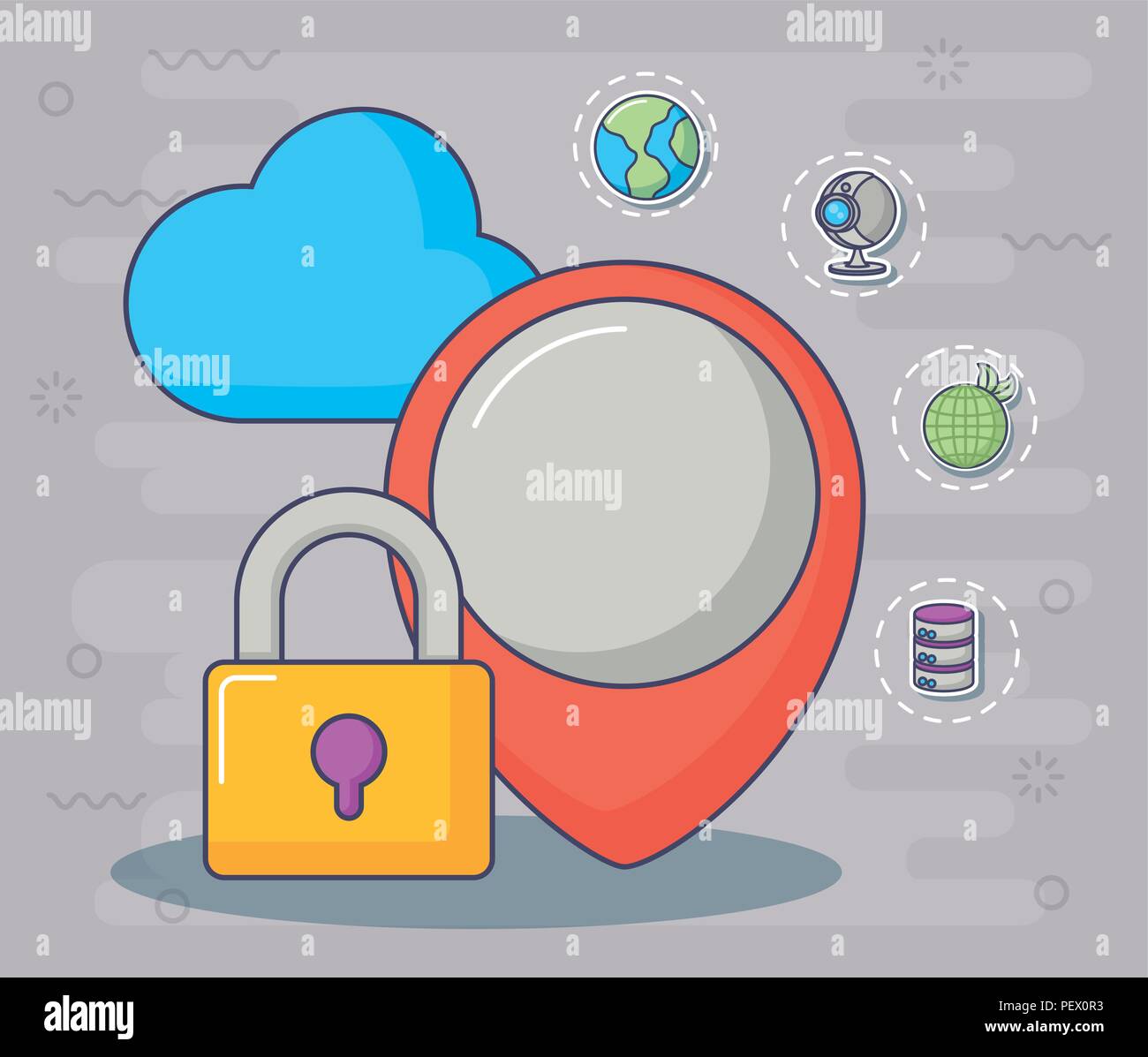 location pin and padlock with innovation and technology related icons ...