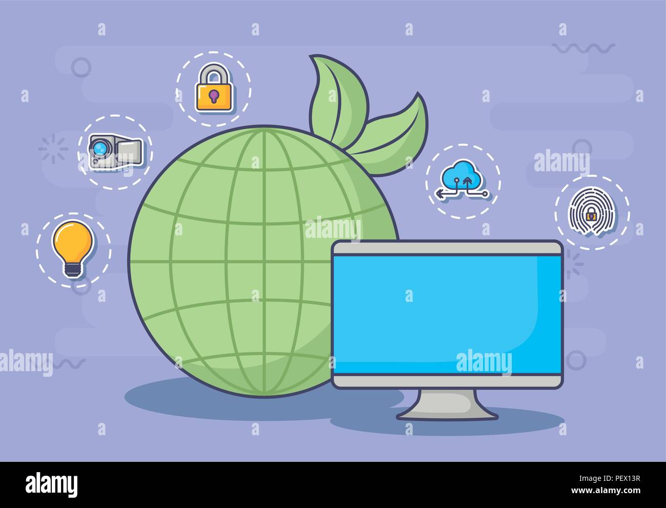 computer and global sphere with innovation and technology related icons ...