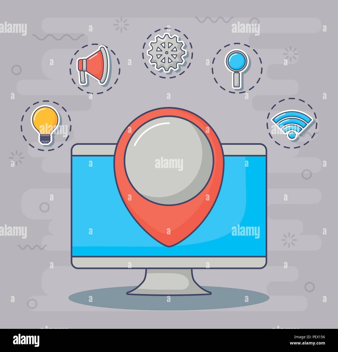 computer and location pin with innovation and technology related icons ...