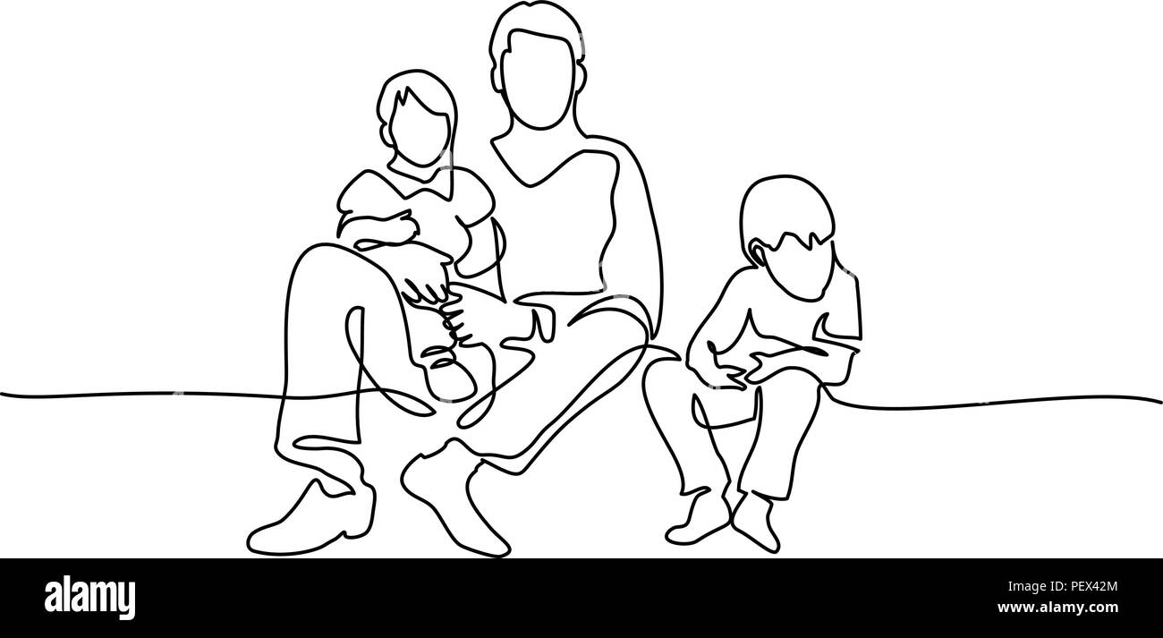 Continuous one line drawing. Family concept. Father and kids sitting together. Vector illustration Stock Vector