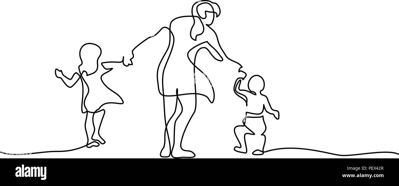 Continuous one line drawing. Family concept. Mother walking with small children. Vector illustration Stock Vector