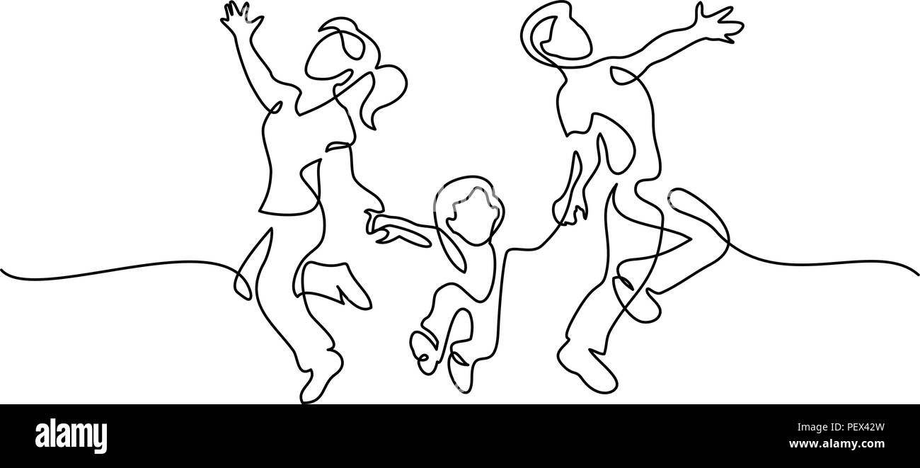Continuous one line drawing. Family concept. Father, mother and kid jump and dancing together. Vector illustration Stock Vector