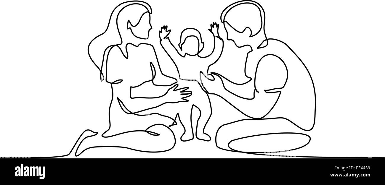 Continuous one line drawing. Family concept. Father, mother and kid sitting together. Vector illustration Stock Vector