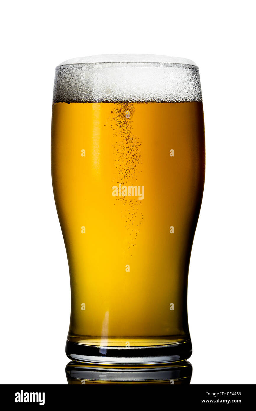 A refreshing pint of lager against a white background Stock Photo