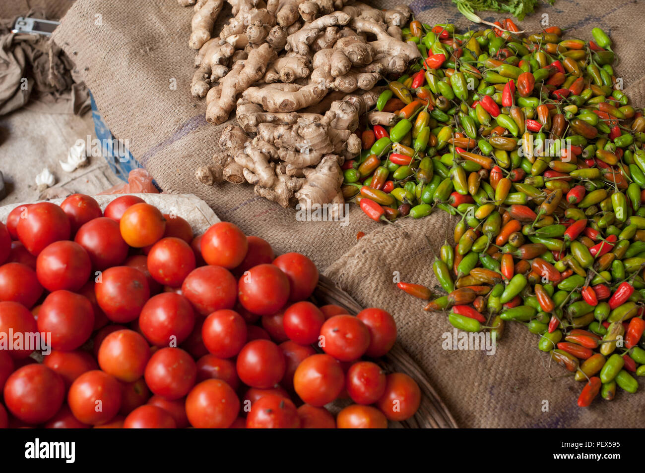 Pomatos and peppers in a vegetables and fruits street market, Varanasi