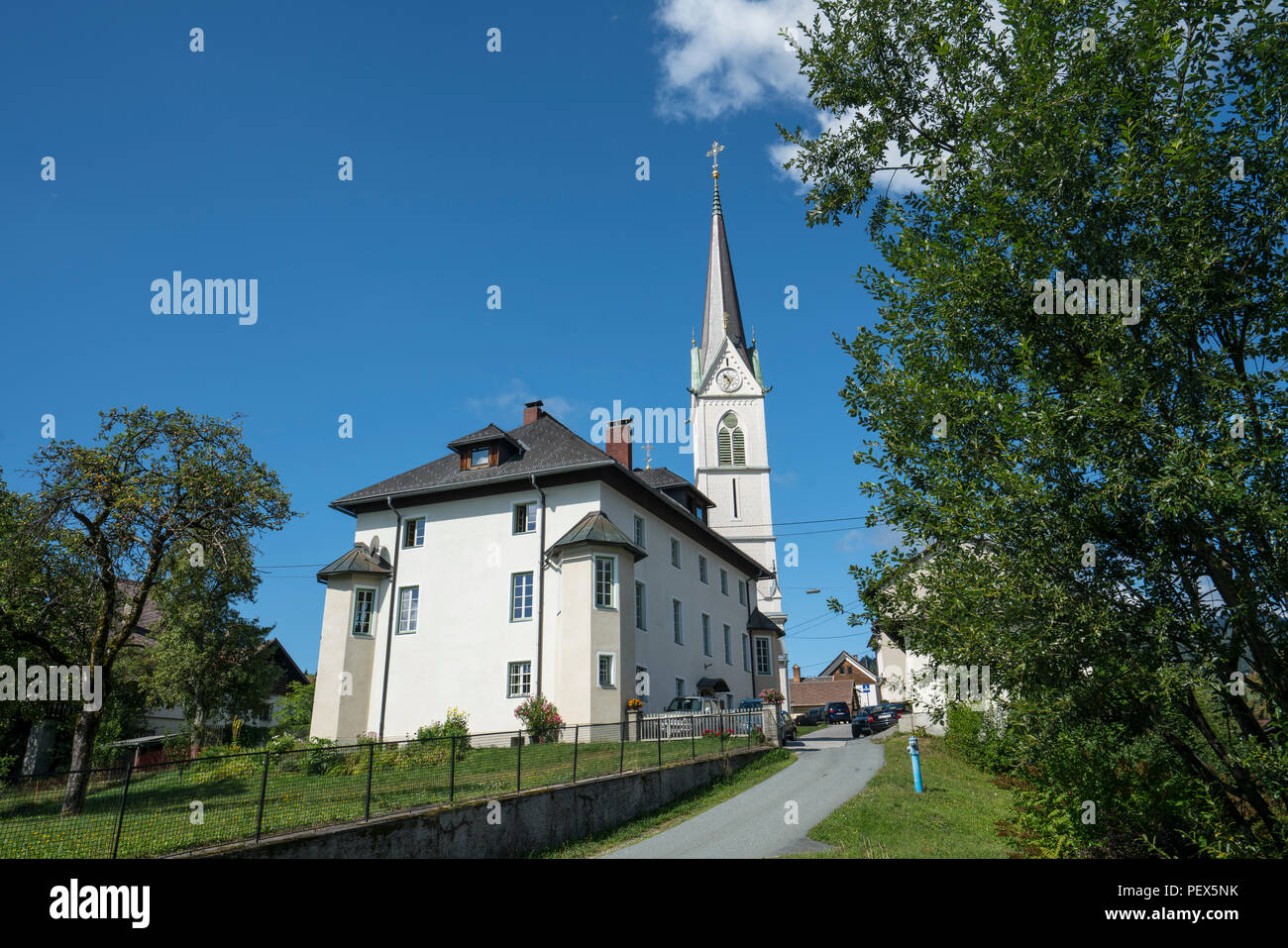 panoramic view of the Stadtpfarrkirche church in Hermagor, Carinthia, Austria Stock Photo