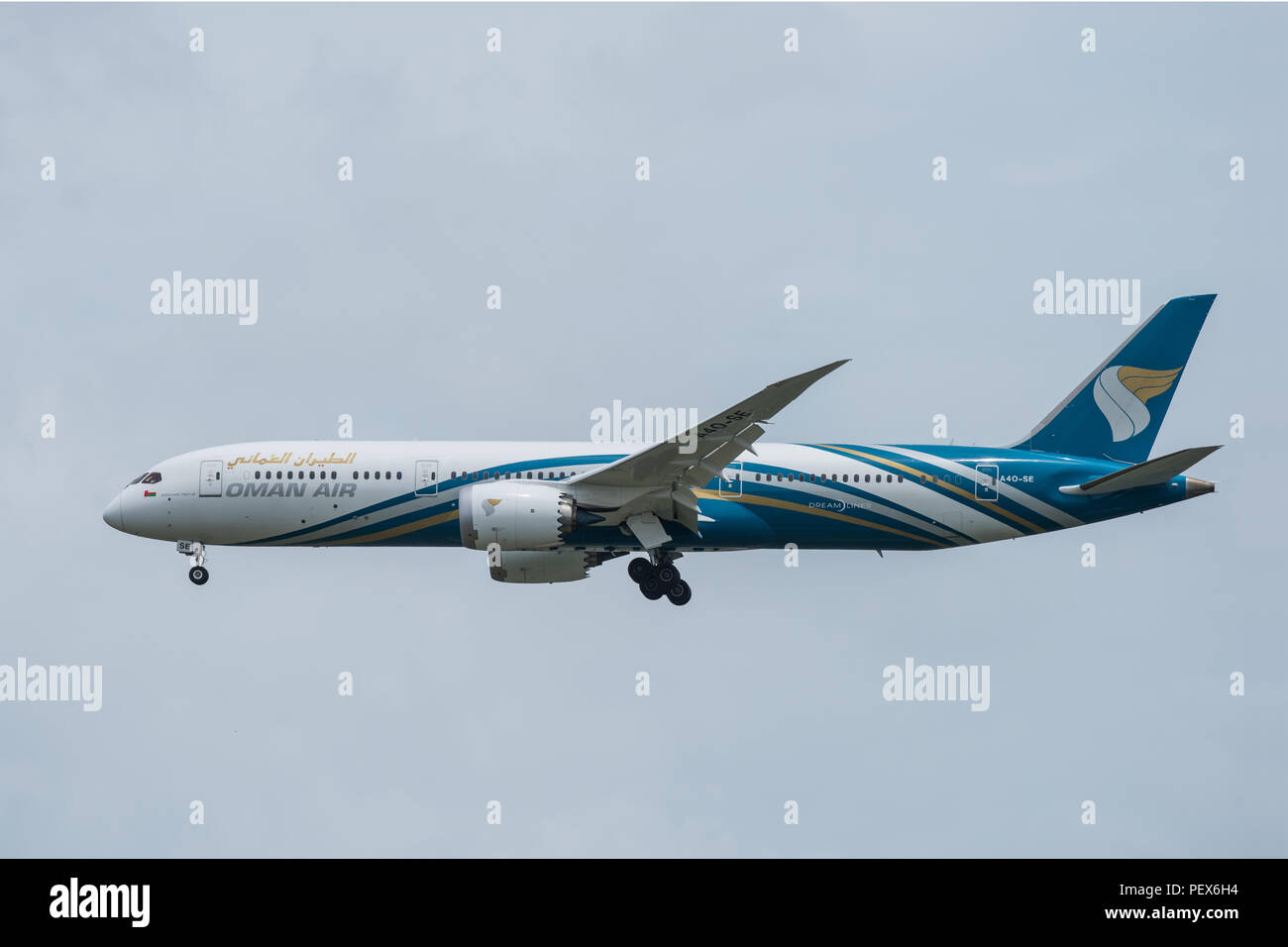 Bangkok, Thailand, 12th Aug 2018: Oman Air Reg. no. A4O-SE B787-9 Dreamliner Flight OMA811 from MCT landing to BKK Stock Photo