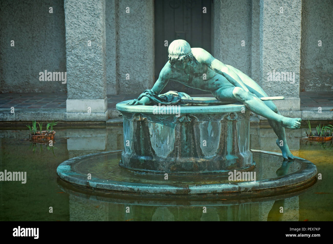 MUNICH, GERMANY - JULY 24, 2018 -   Bavarian National Museum of decorative arts in Munich, Narcissus fountain in the courtyard, built in 1896 by Huber Stock Photo