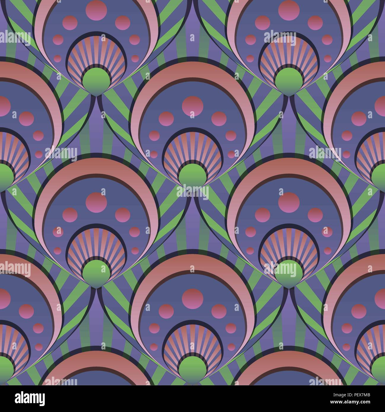 Vibrant gradient seamless fairy shells vector green and lilac pattern Stock Vector