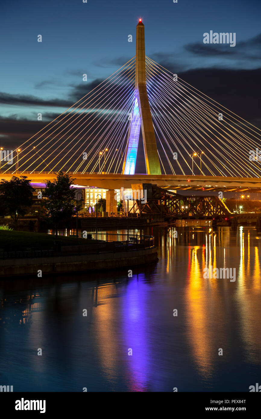 Leonard P. Zakim/Bunker Hill Memorial Bridge (Zakim Bridge) and Charles River, Boston, Massachusetts USA Stock Photo