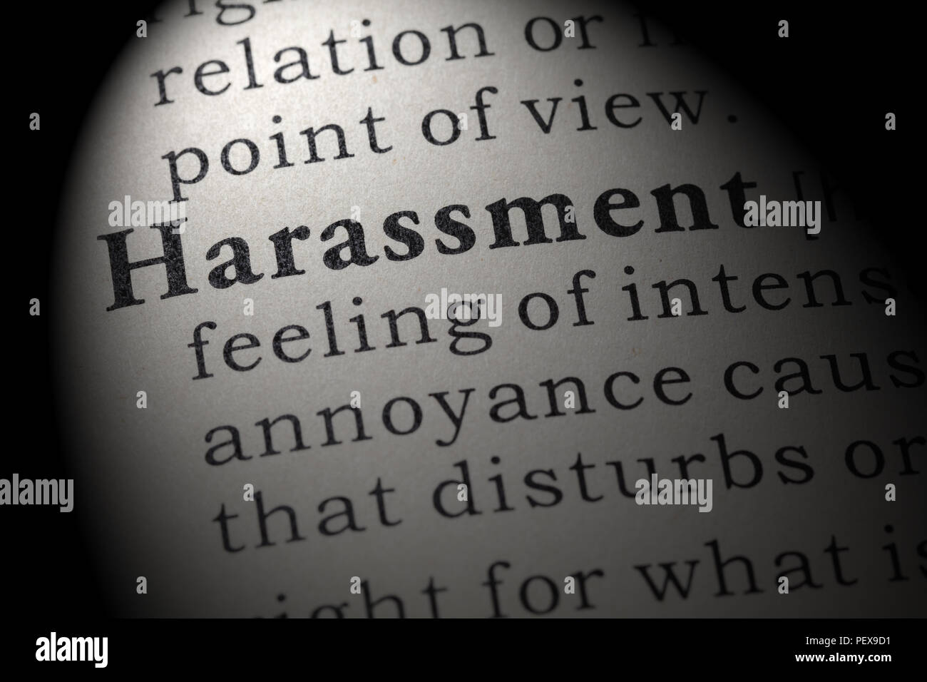 Fake Dictionary, Dictionary definition of the word harassment. including key descriptive words. Stock Photo