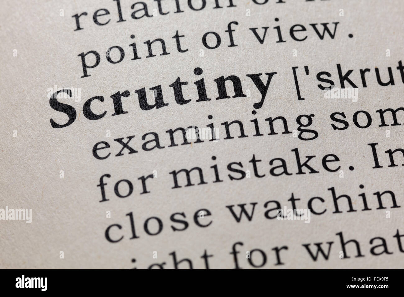 Fake Dictionary, Dictionary definition of the word scrutiny. including key descriptive words. Stock Photo