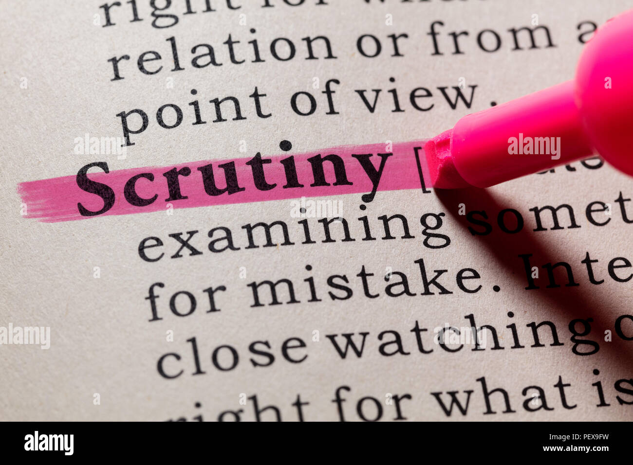 Fake Dictionary, Dictionary definition of the word scrutiny. including key descriptive words. Stock Photo