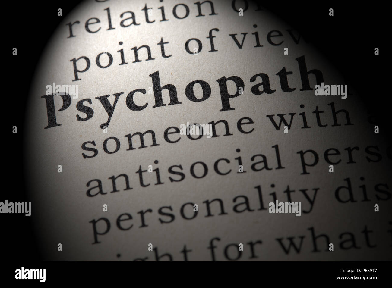 Fake Dictionary, Dictionary definition of the word psychopath. including key descriptive words. Stock Photo