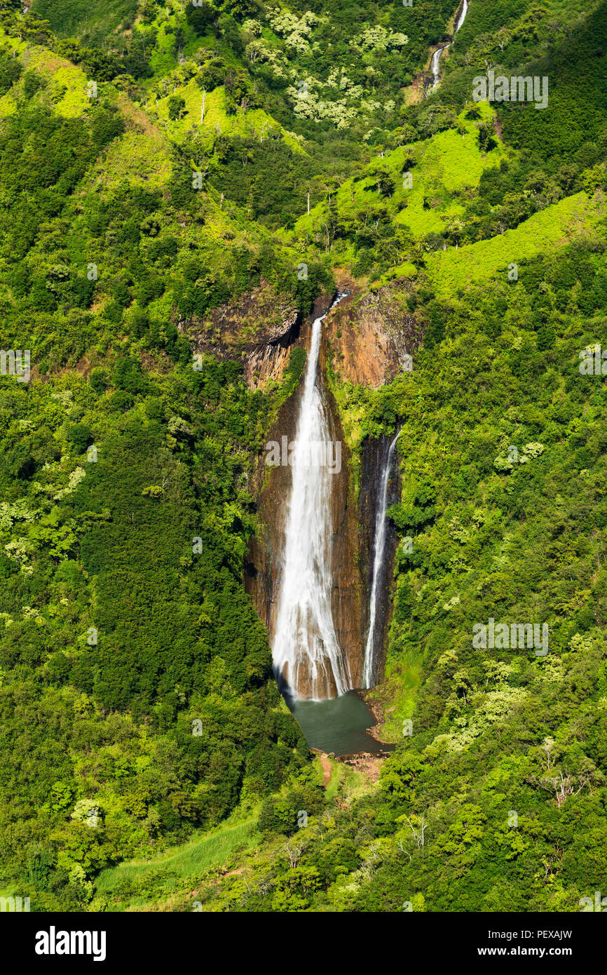 Manawaiopuna Falls (aerial) also known as Jurassic Park Falls, Hanapepe ...