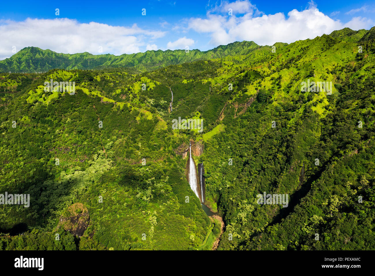Manawaiopuna Falls (aerial) also known as Jurassic Park Falls, Hanapepe