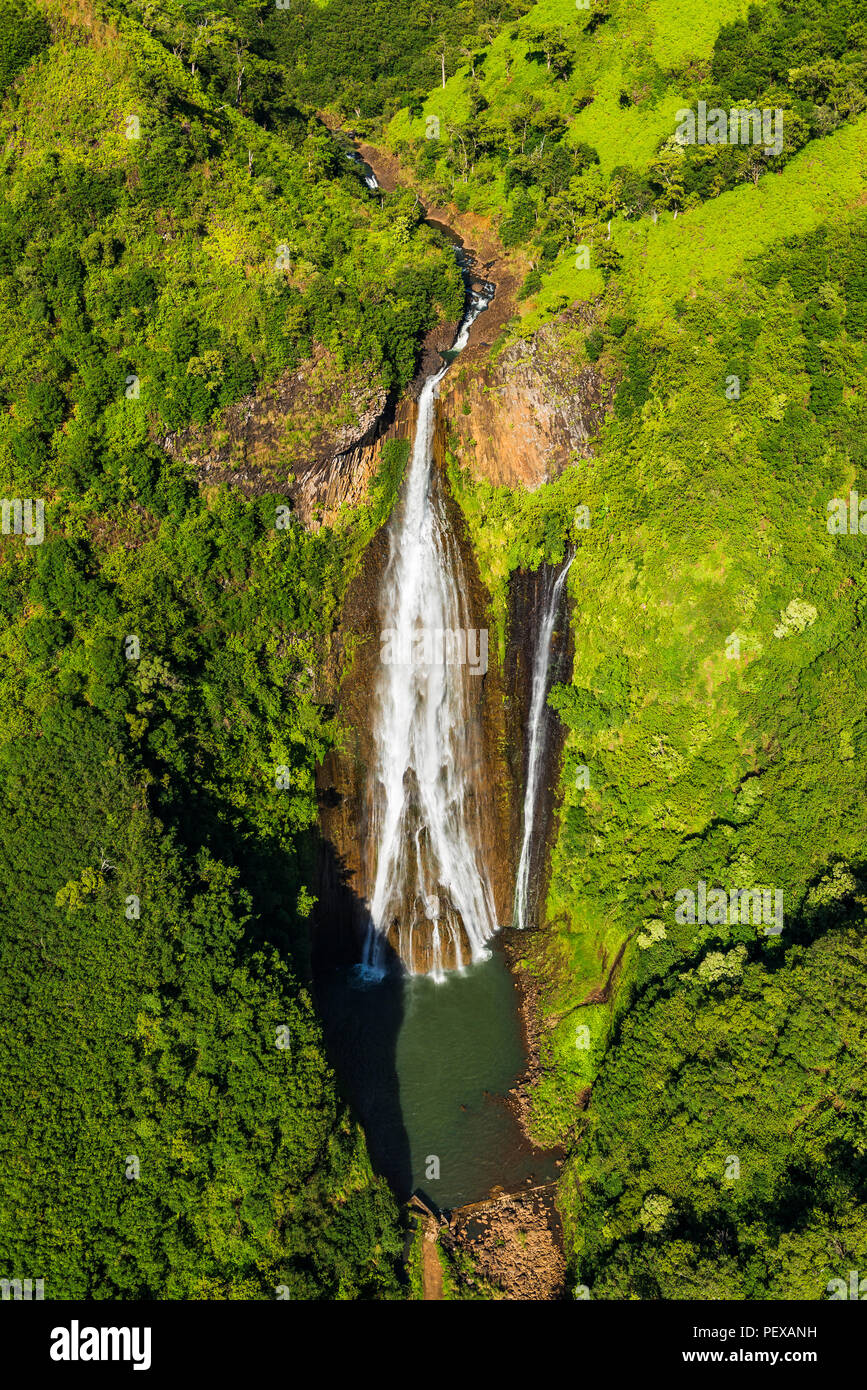 Manawaiopuna Falls (aerial) also known as Jurassic Park Falls, Hanapepe Valley, Kauai, Hawaii