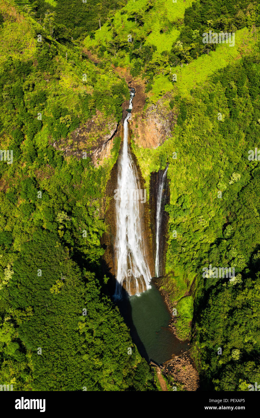 Manawaiopuna Falls (aerial) also known as Jurassic Park Falls, Hanapepe Valley, Kauai, Hawaii USA Stock Photo