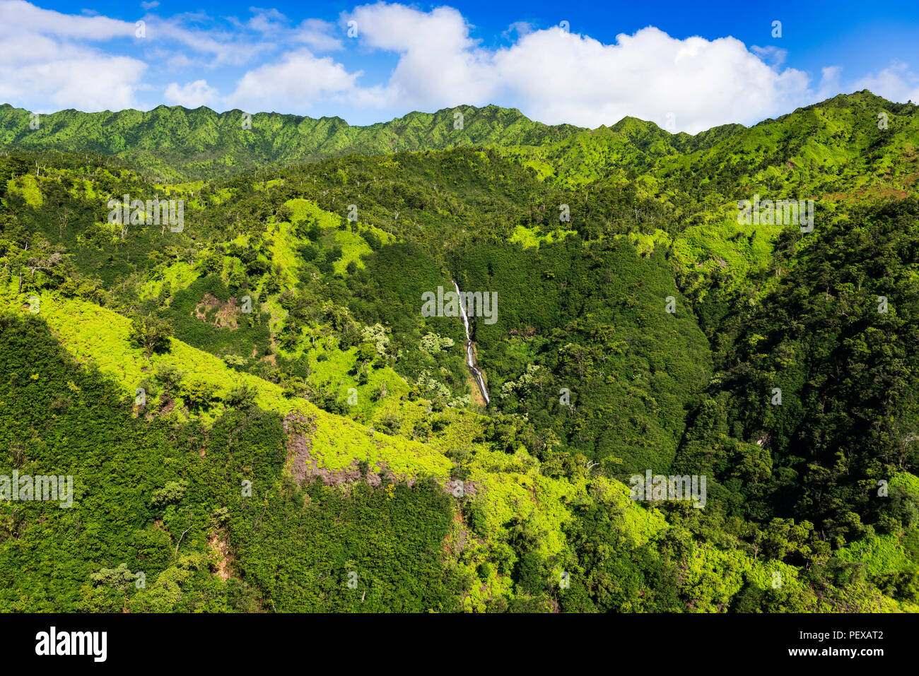 Manawaiopuna Falls (aerial) also known as Jurassic Park Falls, Hanapepe Valley, Kauai, Hawaii