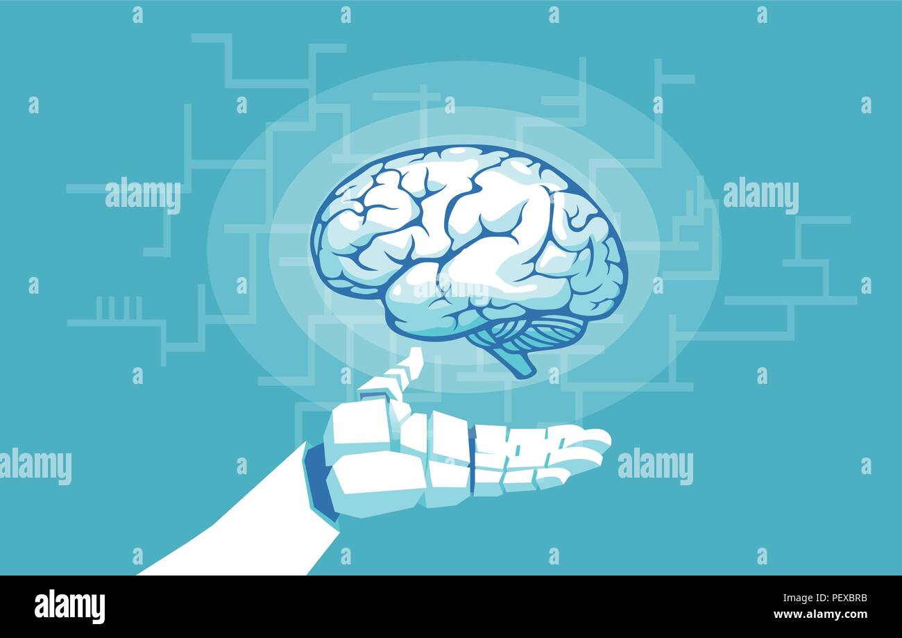 Vector of a robot hand holding examining human brain. Artificial intelligence concept Stock Vector