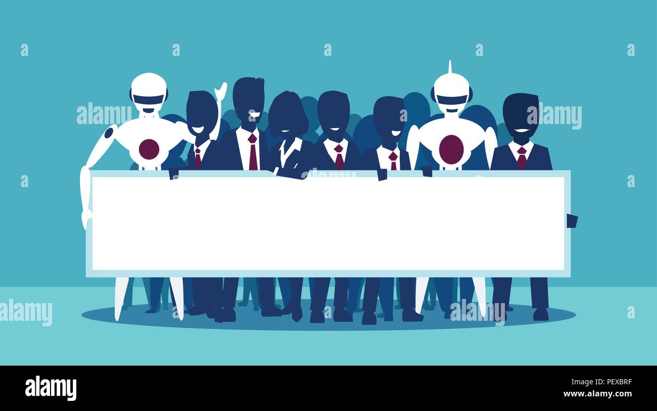 Vector of a group of businesspeople and robots holding blank white banner. Human business in robotic hands concept. Artificial intelligence and automa Stock Vector