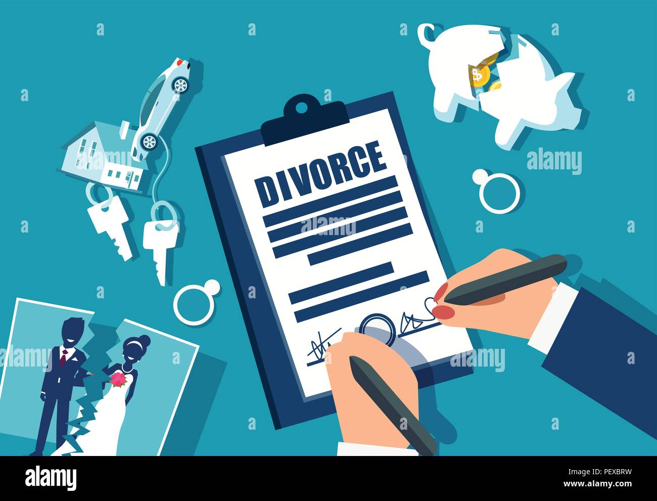 Divorce and property divison concept. Vector with piggy bank, house, car and marriage photograph divided in half Stock Vector