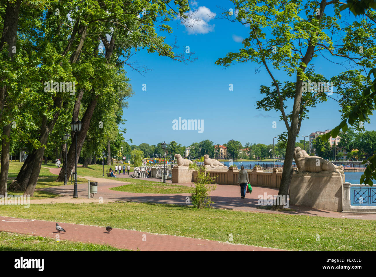 Modern promenade alongside the Oberteich or Upper Lake, sculptures of seals and walruses, Baltic Sea, Kaliningrad, Oblast Kaliningrad, Russia Stock Photo