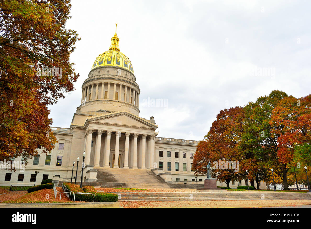 West Virginia State Capitol Building with Colorful Fall Leaves Stock Photo
