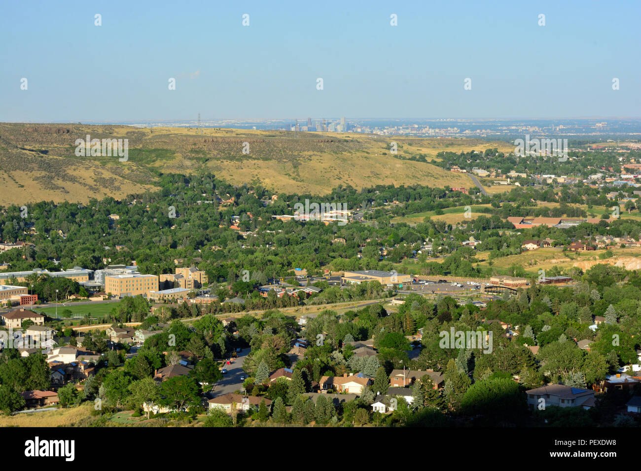 Golden, Colorado on a sunny day with the Denver skyline in the background. Stock Photo