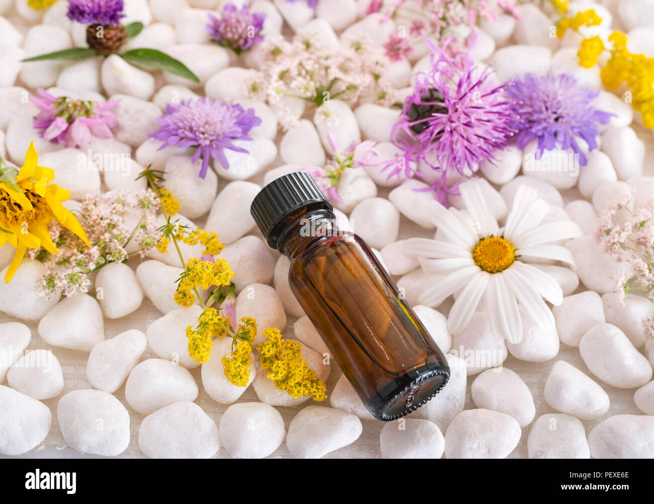 essential oils and flower in front of white background Stock Photo - Alamy