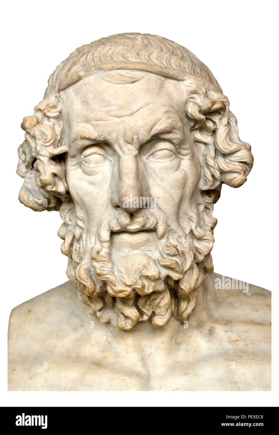 Marble bust of Homer (author of the Iliad and the Odyssey: 7th/8thC BC) British Museum, Bloomsbury, London, England, UK. Roman copy of Greek original Stock Photo