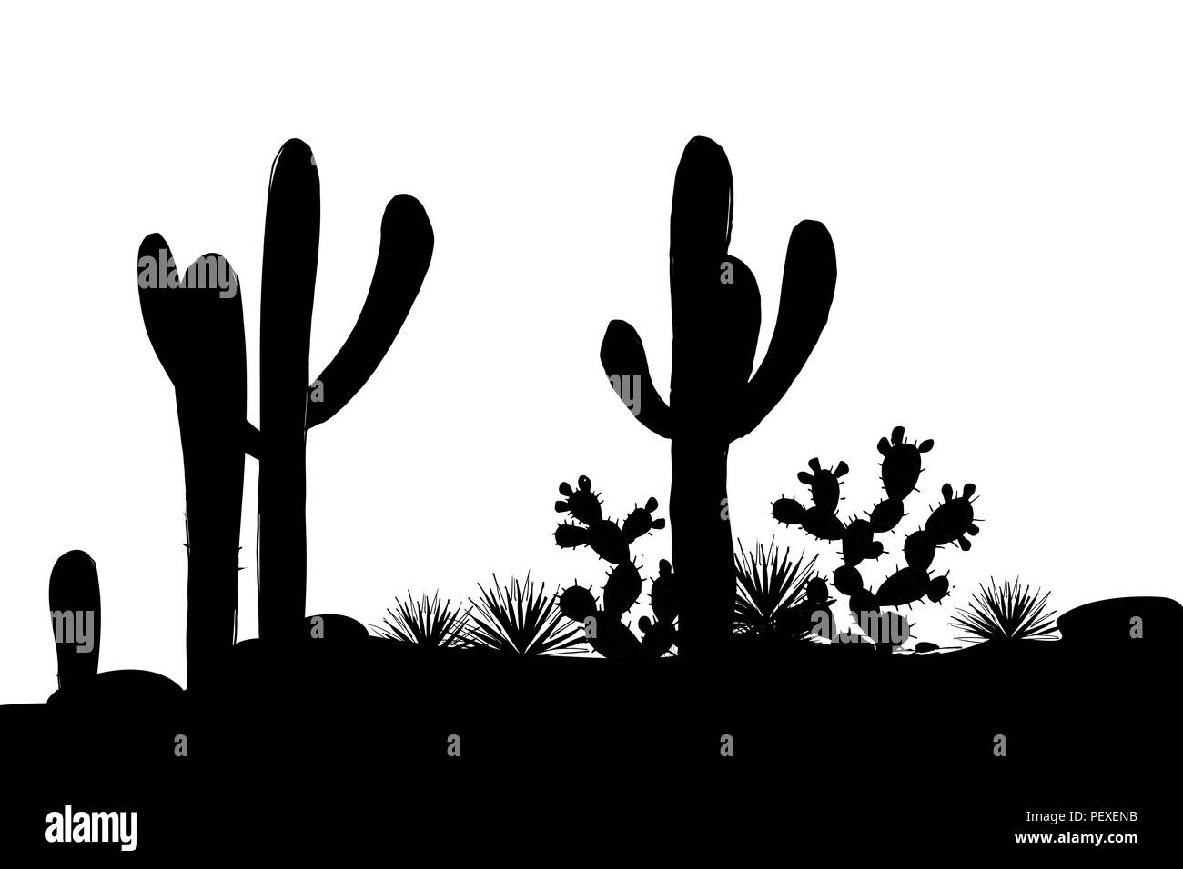 Mexican landscape with saguaro, prickly pear, agaves, and stones. Vector illustration. black and white stylish banner Stock Vector