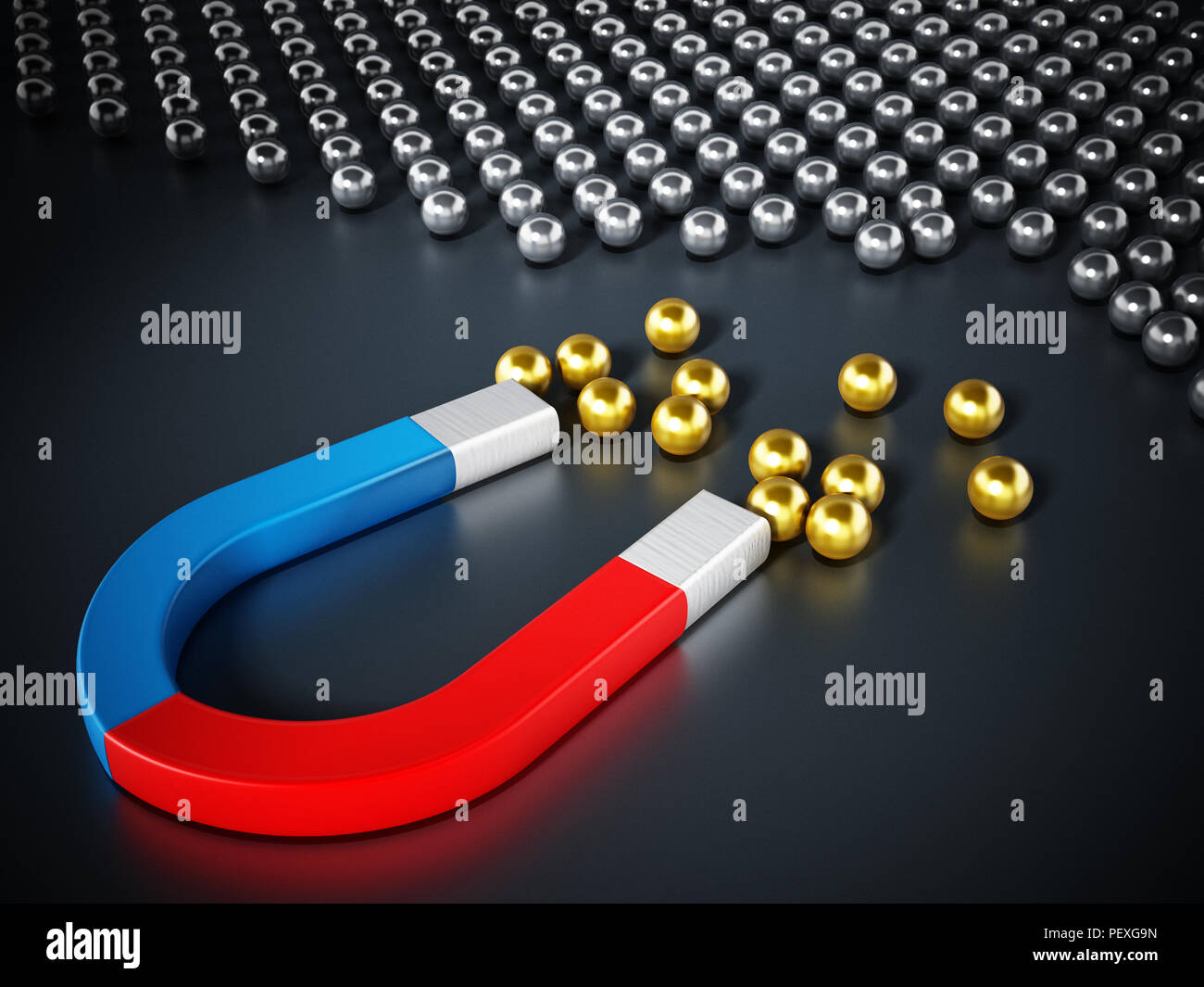 Horseshoe magnet pulling chrome spheres. 3D illustration. Stock Photo