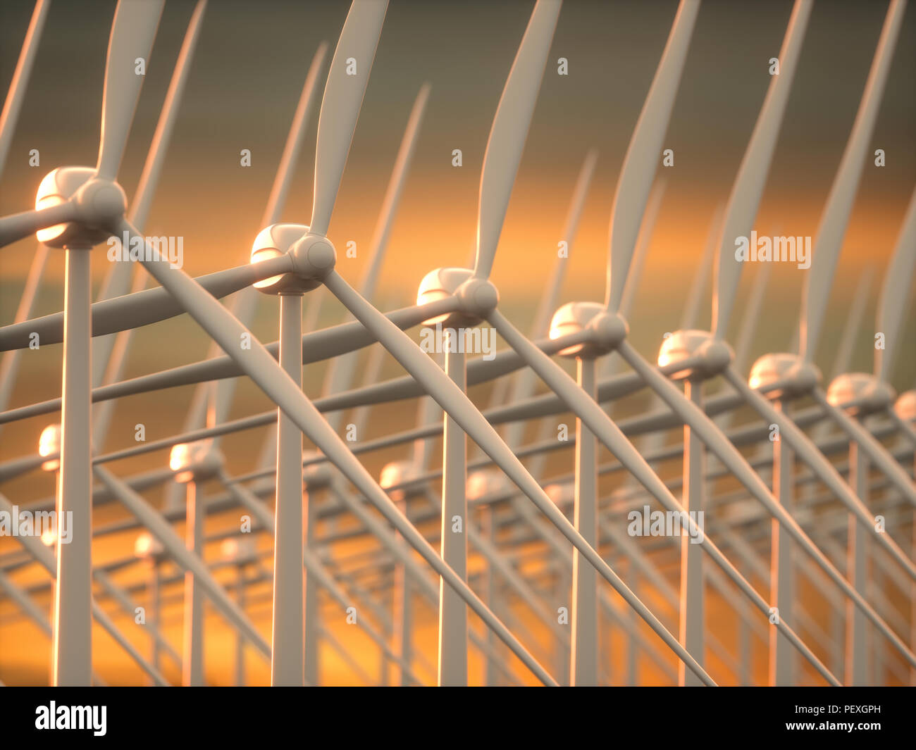 3D illustration of wind farms in wind power generation. Mechanical energy being transformed into electrical energy. Stock Photo