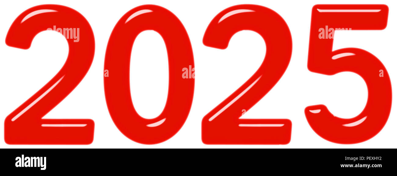 Inscription 2025 from red glass or plastic, isolated on white